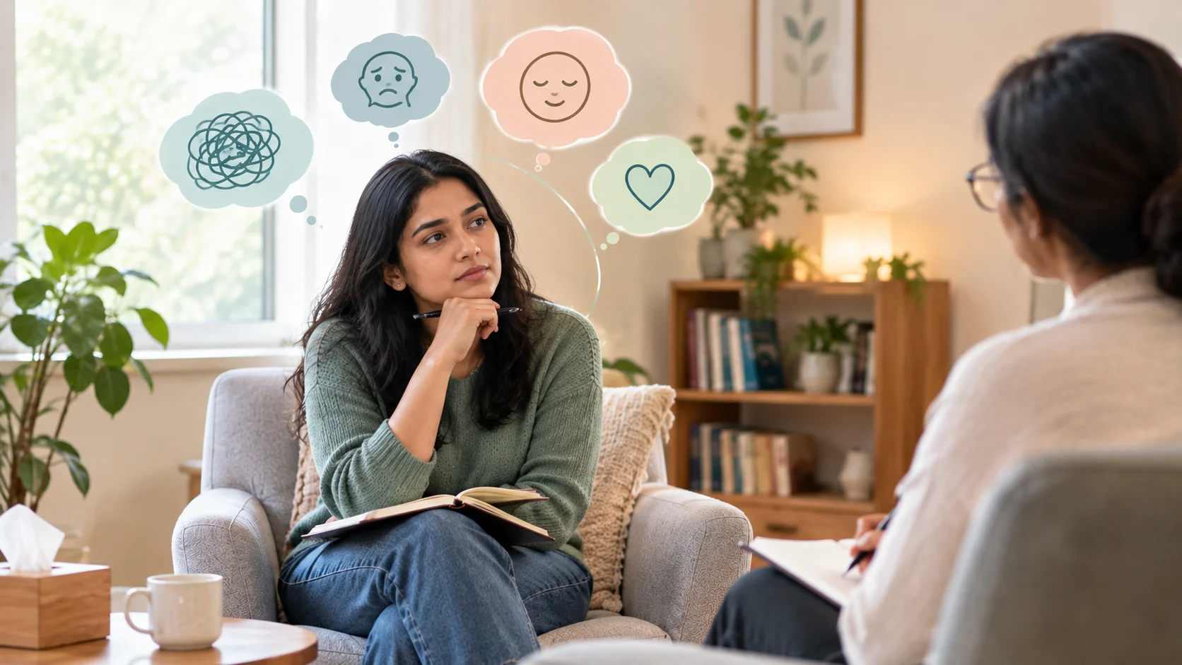 Person reflecting on thoughts and feelings during a present-focused Gestalt therapy session