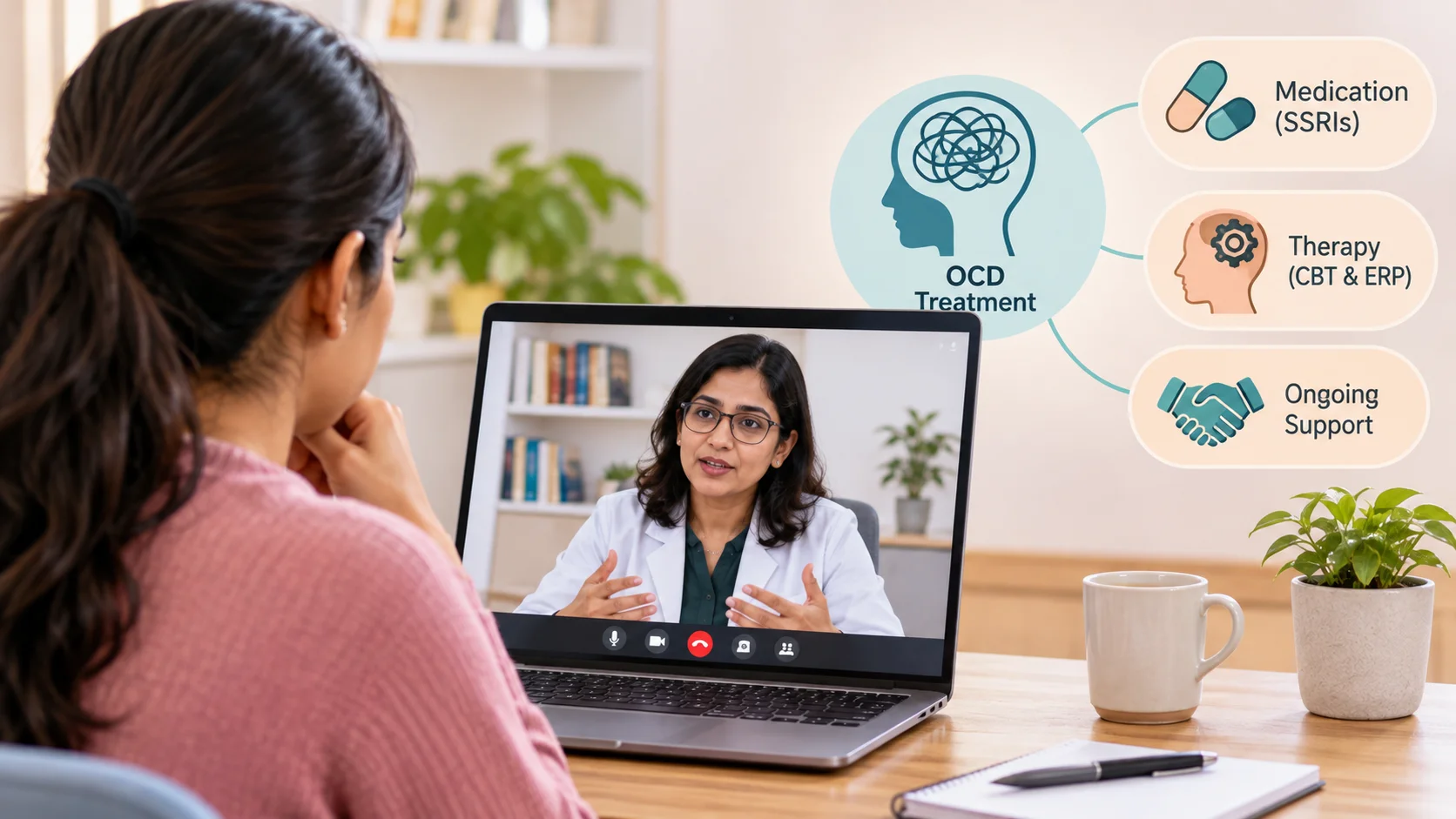 Online psychiatrist for OCD having a video consultation with a patient to discuss medication and treatment plan