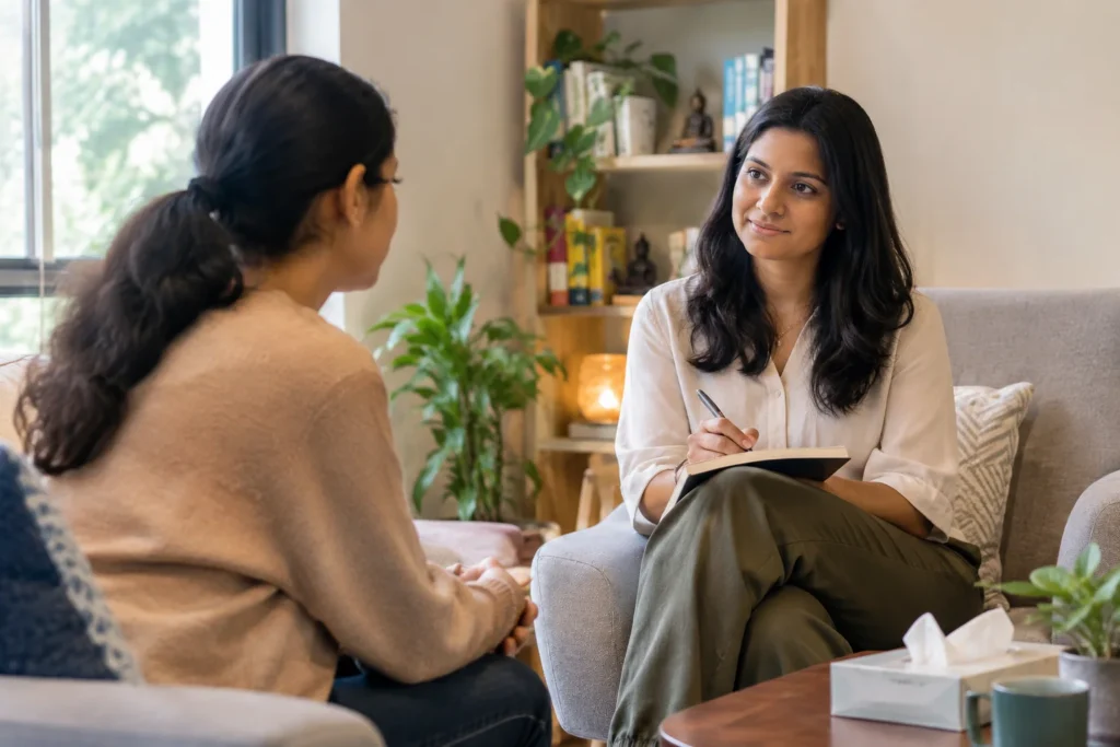 MBCT session helping a person manage anxiety through mindfulness and cognitive behavioural techniques.