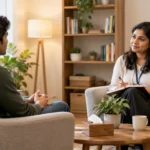 Therapist supporting a client during a schizophrenia treatment therapy session