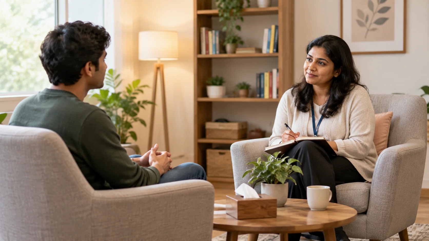 Therapist supporting a client during a schizophrenia treatment therapy session