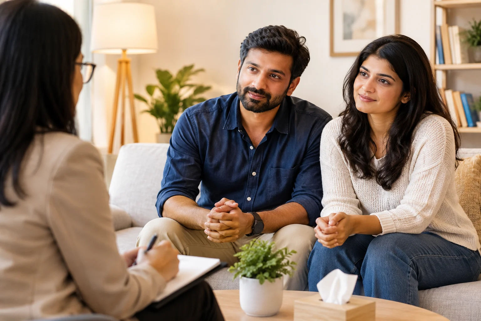 Couple attending a counselling session to improve communication, rebuild trust, and save their marriage with professional couple counsellor.